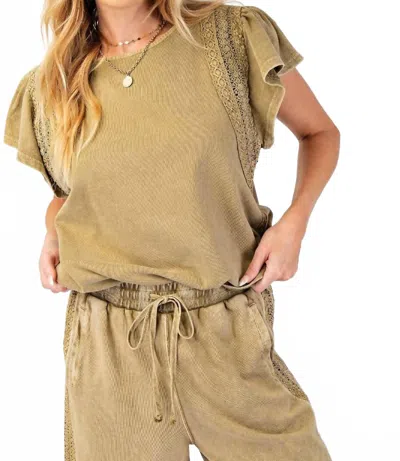 Easel Washed Wing Sleeve Crochet Trim Top In Faded Olive In Neutral