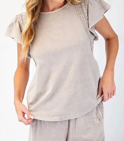 Easel Washed Wing Sleeve Crochet Trim Top In Mushroom In Neutral