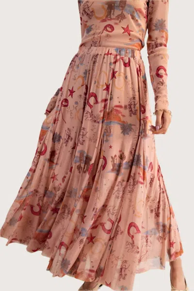 Easel Western Printed Mesh Swing Maxi Skirt In Camel In Multi