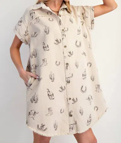 Easel Western Printed Washed Twill Shirt Dress In Cream In Multi