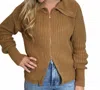 Easel Wide Collar Full Zip Sweater In Camel In Brown