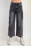 Easel Wide Leg Denim Daisy Stretch Pants In Black In Gray