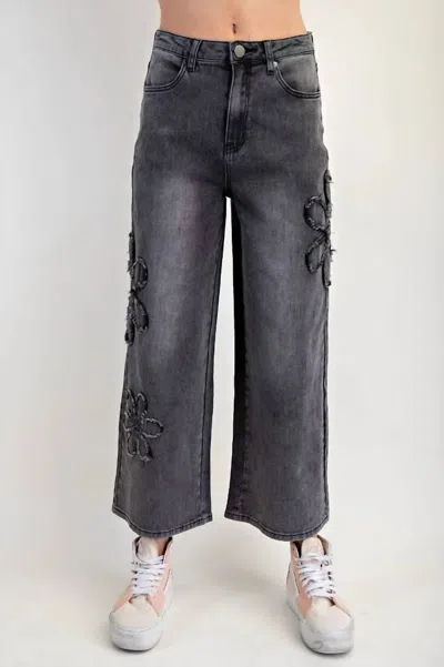 Easel Wide Leg Denim Daisy Stretch Pants In Black In Multi
