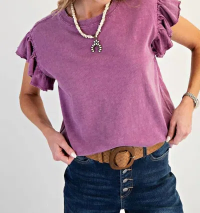 Easel Wing Sleeve Mineral Washed Cotton Knit Top In Orchid In Purple