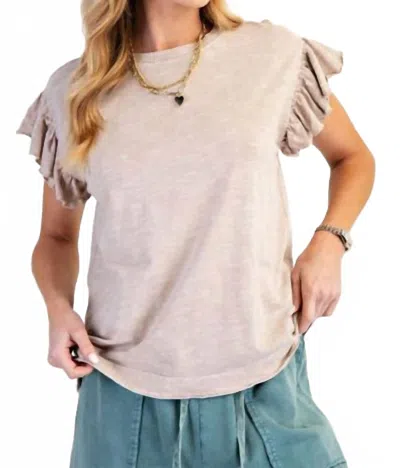 Easel Wing Sleeves Cotton Slub Mineral Washed Knit Top In Sand In Neutral