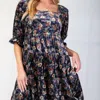 Easel Women's Bubble Sleeves Printed Velvet Dress In Rust Navy In Multi