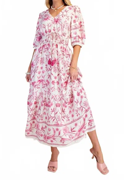 Easel Women's Floral Botanical Printed Linen Maxi Dress In White Pink
