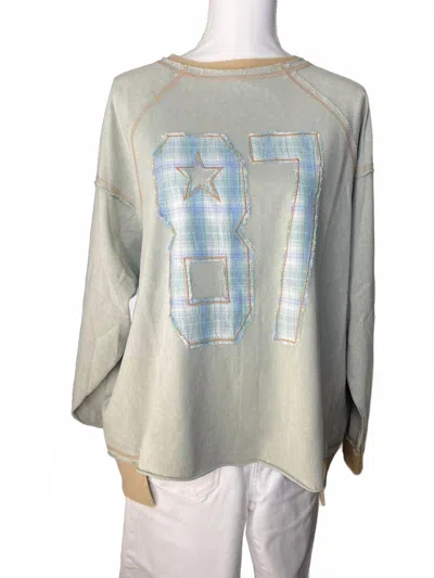 Easel Women's Number Graphic Patch Washed Terry Pullover Top In Green In Gray