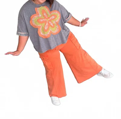 Easel Women's Wide Leg French Terry Cargo Pants In Faded Rust In Orange