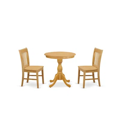 East West Furniture - Esnf3-oak-w - 3-pc Kitchen Table Set - 2 Dining Room Chairs And 1 Modern Dining Table (oak Finish) In Brown
