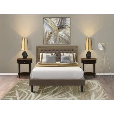 East West Furniture 3 Pc Bed Set - 1 Bed Frame Brown Linen Fabric Padded And Button Tufted Headboard - 2 Wooden Nightsta