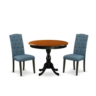 East West Furniture 3-pc Dining Room Set Consists Of A Dinette Table And 2 Blue Linen Fabric Mid Century Dining Chairs W