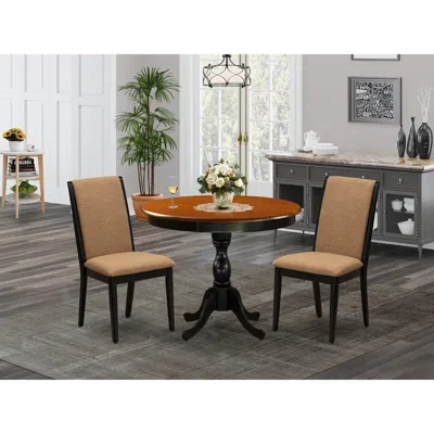 East West Furniture 3-pc Dining Room Table Set Consists Of A Dining Table And 2 Light Sable Linen Fabric Parsons Chairs 
