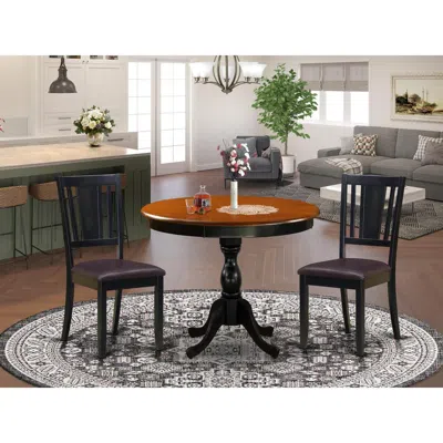 East West Furniture 3-pc Dining Room Table Set Contains A Mid Century Dining Table And 2 Faux Leather Dining Chairs With In Brown