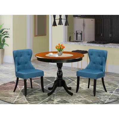 East West Furniture 3-pc Dining Table Set Contains A Wood Dining Table And 2 Blue Linen Fabric Mid Century Modern Chairs