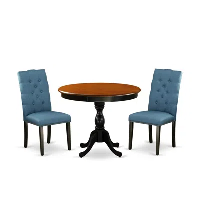 East West Furniture 3-pc Dining Table Set Includes A Wooden Dining Table And 2 Blue Linen Fabric Parson Chairs With Butt