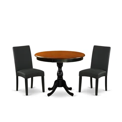 East West Furniture 3-pc Dinner Table Set Contains A Round Dining Room Table And 2 Black Linen Fabric Parsons Chairs Wit