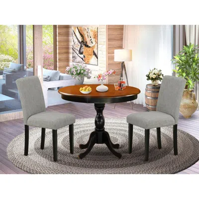 East West Furniture 3-pc Dinning Room Set Contains A Round Dining Room Table And 2 Shitake Linen Fabric Dinner Chairs Wi