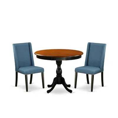 East West Furniture 3-pc Dinning Room Set Includes A Wood Kitchen Table And 2 Blue Linen Fabric Dinning Chairs With High In Multi