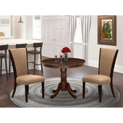 East West Furniture 3 Pc Kitchen Dining Set - 2 Light Sable Linen Fabric Parson Dining Chairs With High Back And 1 Moder