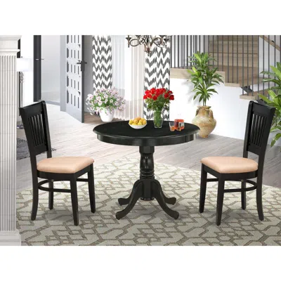 East West Furniture 3-pc Kitchen Dining Set- 2 Wood Chair And Kitchen Dining Table - Linen Fabric Seat And Slatted Chair In Black