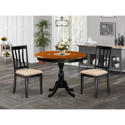 East West Furniture 3-pc Mid Century Table Set Contains A Dining Room Table And 2 Linen Fabric Mid Century Dining Chairs In Blue