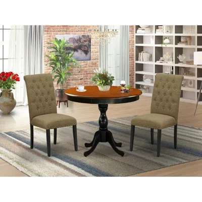 East West Furniture 3-pc Modern Dining Set Includes A Wooden Dinner Table And 2 Light Sable Linen Fabric Upholstered Din