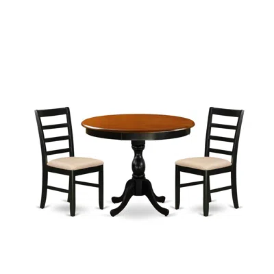 East West Furniture 3-pc Modern Dining Table Set Includes A Round Kitchen Table And 2 Linen Fabric Dining Room Chairs Wi In Blue