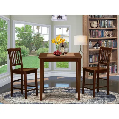 East West Furniture 3 Pc Pub Table Set-counter Height Table And 2 Kitchen Chairs. In Brown