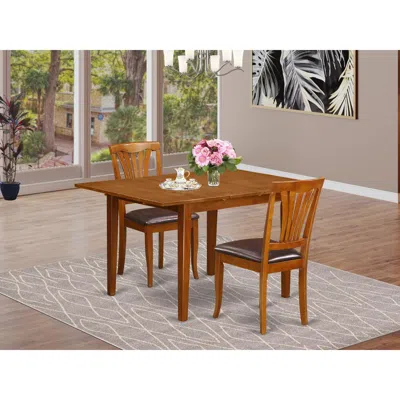 East West Furniture 3 Pc Set Milan Table With Leaf And 2 Leather Chairs In Saddle Brown .