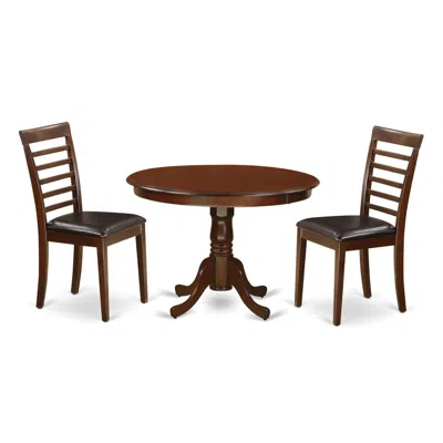 East West Furniture 3 Pc Set With A Round Dinette Table And 2 Leather Dinette Chairs In Mahogany In Brown
