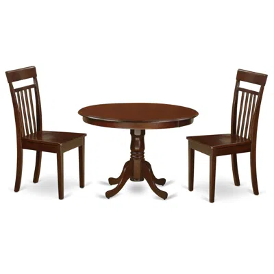 East West Furniture 3 Pc Set With A Round Dinette Table And 2 Leather Kitchen Chairs In Mahogany In Brown