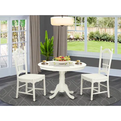 East West Furniture 3 Pc Set With A Round Dinette Table And 2 Wood Dinette Chairs In Linen White