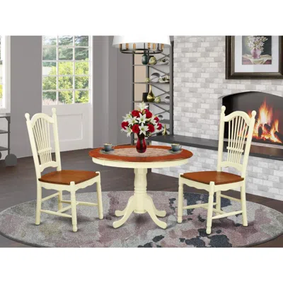 East West Furniture 3 Pc Set With A Round Small Table And 2 Leather Kitchen Chairs In Buttermilk And Cherry . In Blue