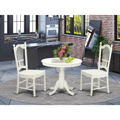 East West Furniture 3 Pc Set With A Round Table And 2 Wood Dinette Chairs With Stunning Linen White .