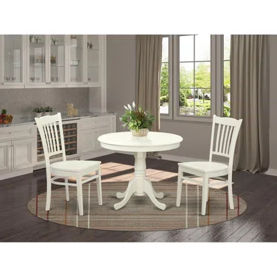 East West Furniture 3 Pc Set With A Table And 2 Wood Dinette Chairs In Linen White.