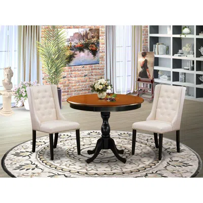East West Furniture 3-pc Wooden Dinette Set Consists Of A Dinette Table And 2 Cream Linen Fabric Mid Century Modern Chai In White
