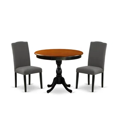 East West Furniture 3-pc Wooden Dining Set Includes A Wood Table And 2 Dark Gotham Grey Linen Fabric Kitchen Chairs With In Blue
