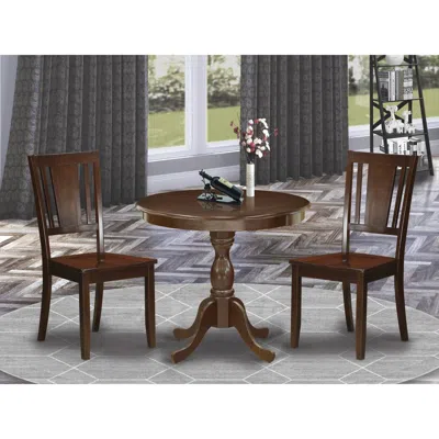 East West Furniture 3 Piece Dinette Set Consists Of 1 Pedestal Dining Table And 2 Mahogany Dinning Chairs With Panel Bac