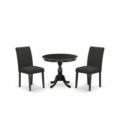 East West Furniture 3 Piece Dinette Set Contains 1 Wooden Dining Table And 2 Black Linen Fabric Dinning Chairs With High