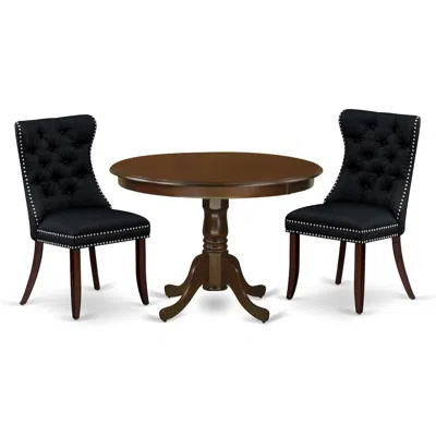 East West Furniture 3 Piece Dining Room Furniture Set Includes A Round Wooden Table With Pedestal And 2 Upholstered Chai In Black