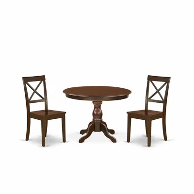 East West Furniture 3 Piece Dining Room Set - Mahogany Dining Room Table And 2 Mahogany Wooden Dining Room Chairs With X In Brown