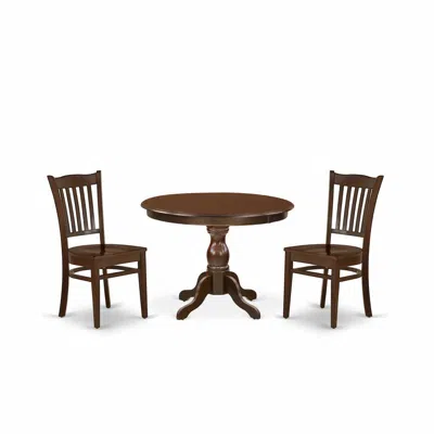 East West Furniture 3 Piece Dining Room Set - Mahogany Wood Table And 2 Mahogany Kitchen & Dining Room Chairs With Slatt In Brown