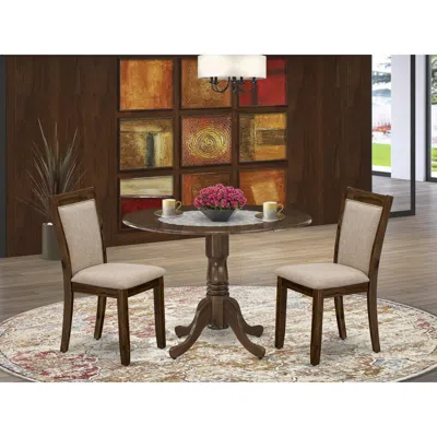 East West Furniture 3-piece Dining Room Set Consists Of A Pedestal Table With Drop Leaves And 2 Light Tan Linen Fabric D