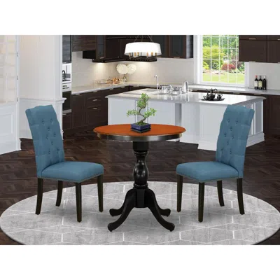 East West Furniture 3-piece Dining Room Set Include A Round Table And 2 Blue Linen Fabric Parson Chairs With Button Tuft