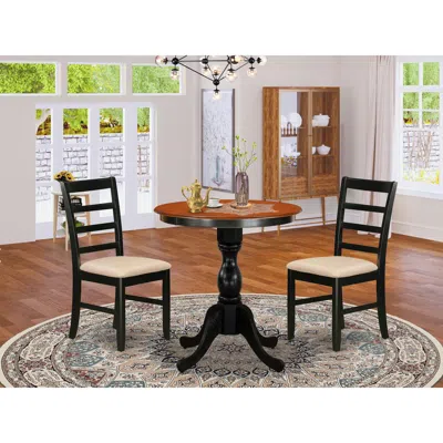 East West Furniture 3-piece Dining Room Set Include A Wood Table And 2 Linen Fabric Kitchen Chairs With Ladder Back - Bl