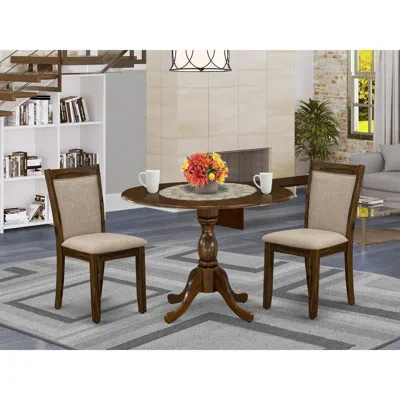 East West Furniture 3-piece Dining Room Set Includes A Wood Table With Drop Leaves And 2 Light Tan Linen Fabric Upholste In Brown