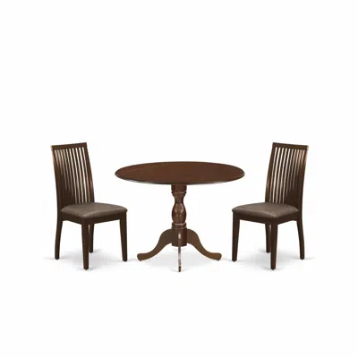 East West Furniture 3 Piece Dining Room Table Set - Kitchen Table And 2 Mahogany Linen Fabric Dining Room Chairs In Brown