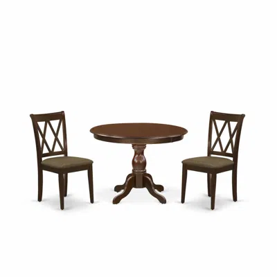 East West Furniture 3 Piece Dining Room Table Set - Mahogany Wood Table And 2 Mahogany Linen Fabric Dining Room Chairs W In Brown
