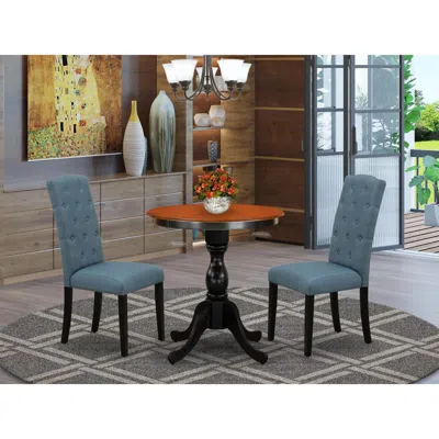East West Furniture 3-piece Dining Room Table Set Consist Of Dining Table And 2 Blue Linen Fabric Upholstered Chairs Wit
